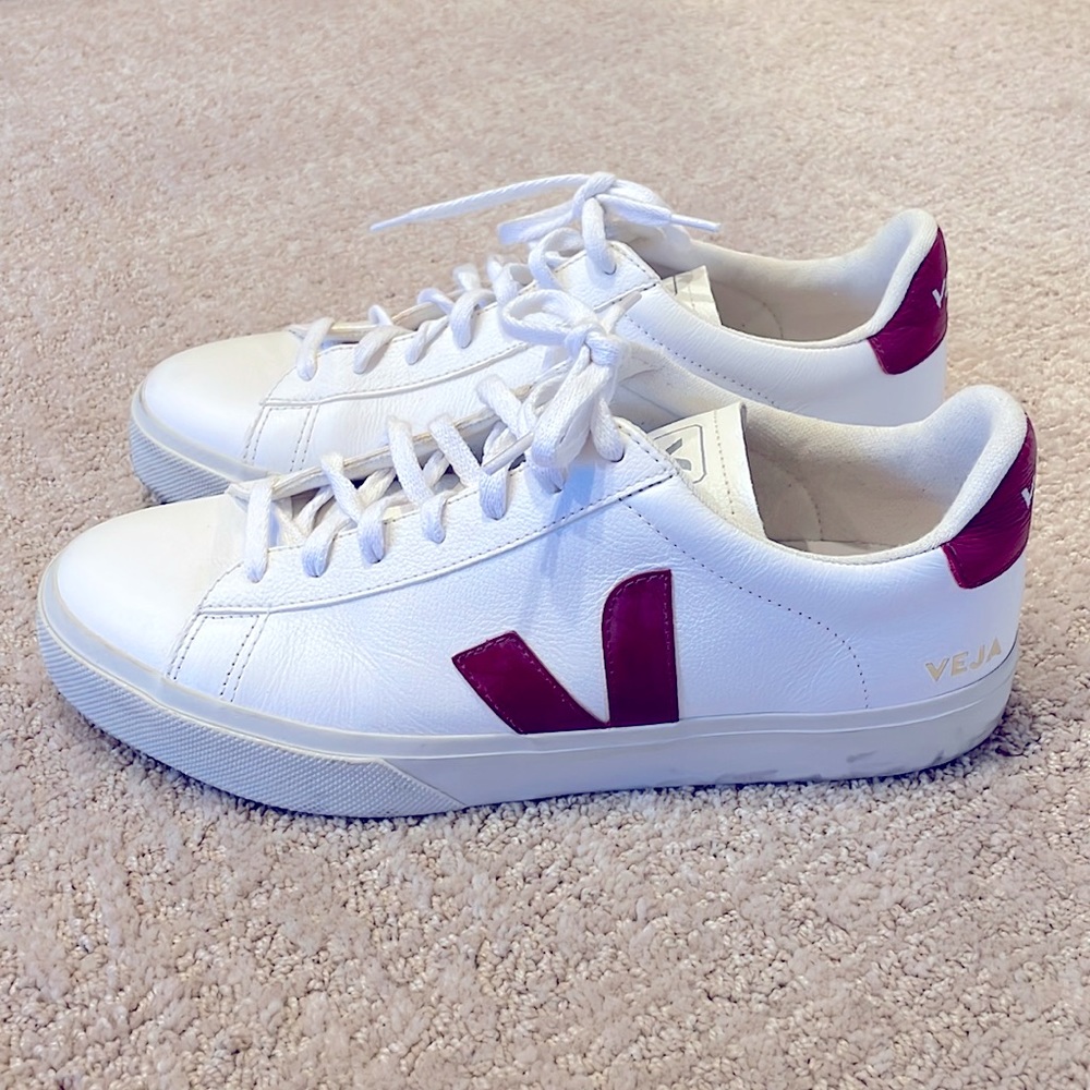 Men’s Veja Sneakers: Campo Chromefree Leather, White & Marsala, Size 11